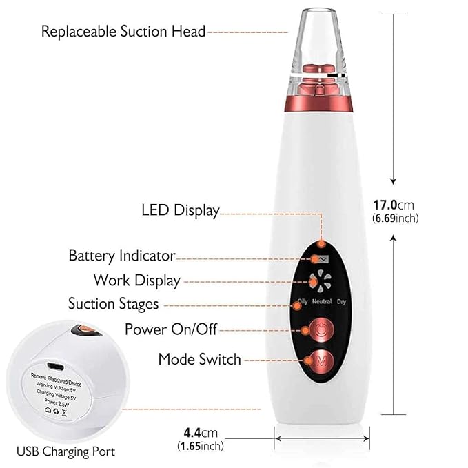 6-in-1 Multi-Function Blackhead Remover Vacuum | Electric Pore Cleaner & Dermasuction Tool | USB Rechargeable Facial Pore Extractor for All Skin Types