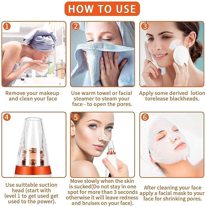 6-in-1 Multi-Function Blackhead Remover Vacuum | Electric Pore Cleaner & Dermasuction Tool | USB Rechargeable Facial Pore Extractor for All Skin Types