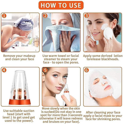 6-in-1 Multi-Function Blackhead Remover Vacuum | Electric Pore Cleaner & Dermasuction Tool | USB Rechargeable Facial Pore Extractor for All Skin Types